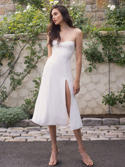 Summer Midi Dress Green Straps Neck Split Front Beach Dress