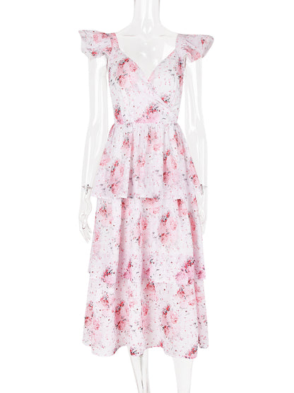 Floral Dress Layered Ruffles Sleeveless Open Back Brunch Party Midi Dresses