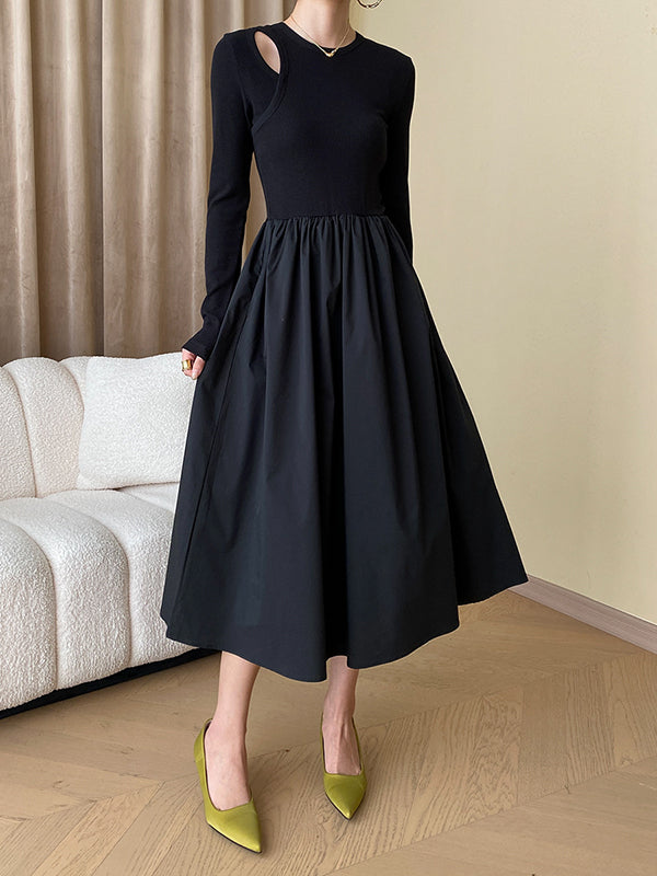A-Line Long Sleeves Elasticity Hollow Solid Color Split-Joint Round-Neck Midi Dresses