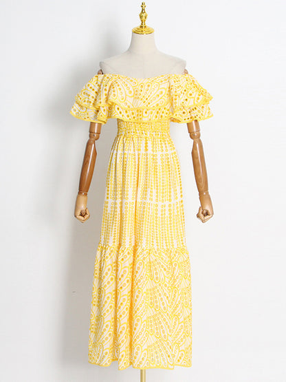 Boho Dress Lace Strapless Bateau Neck Layered Casual Summer Midi Dresses