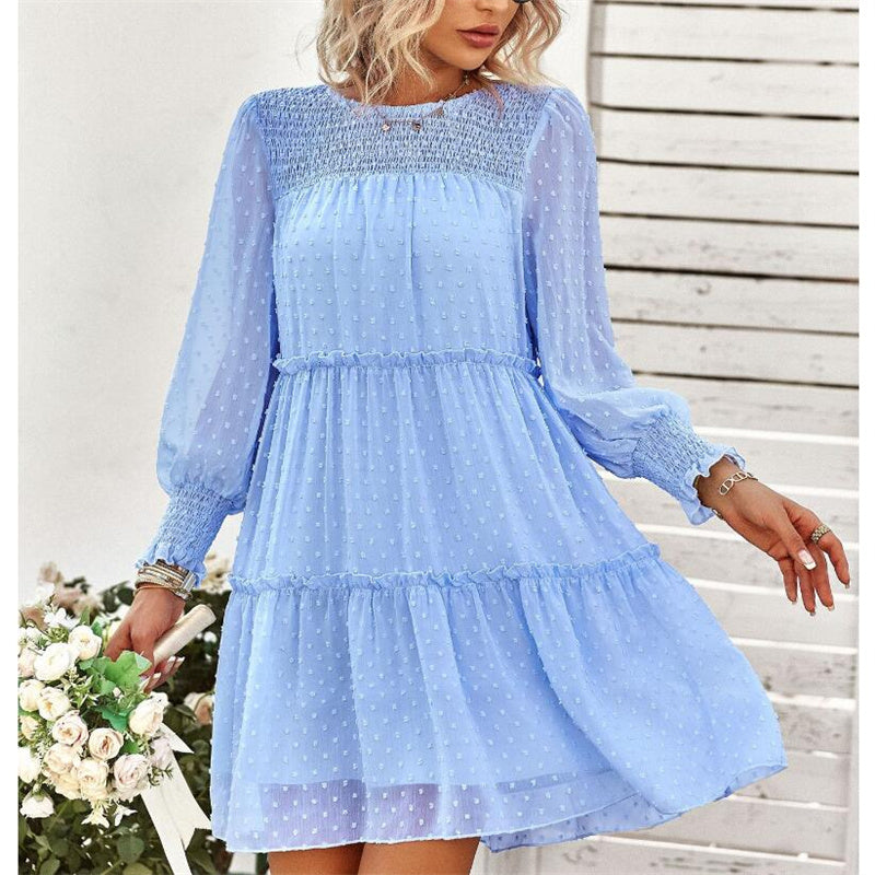 Swiss Dot Round Neck Mini Dress in Black, Blue, Green, Pink