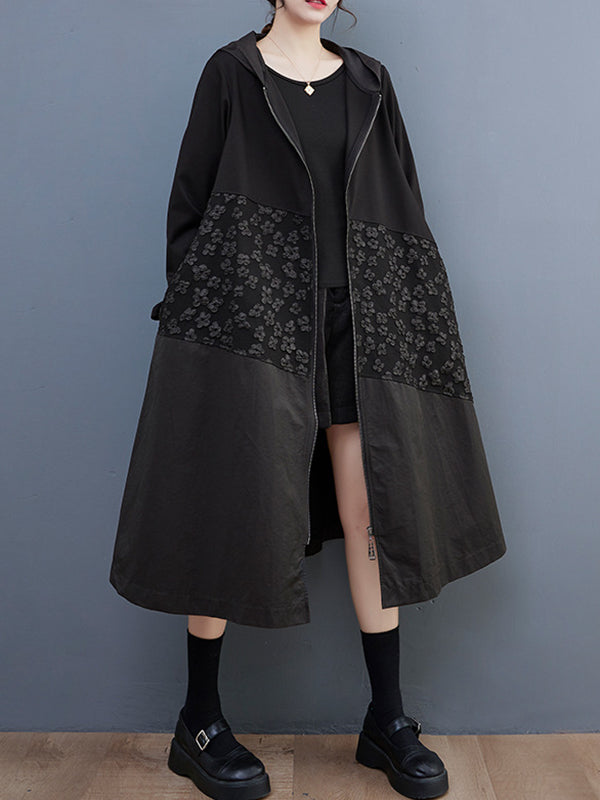 Casual Loose Long Sleeves Velvet Floral Printed Zipper Hooded Outerwear