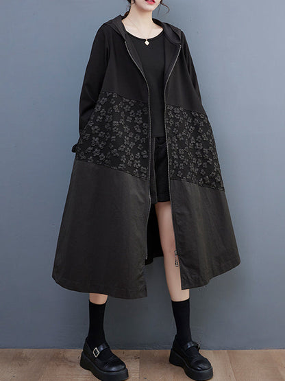 Casual Loose Long Sleeves Velvet Floral Printed Zipper Hooded Outerwear