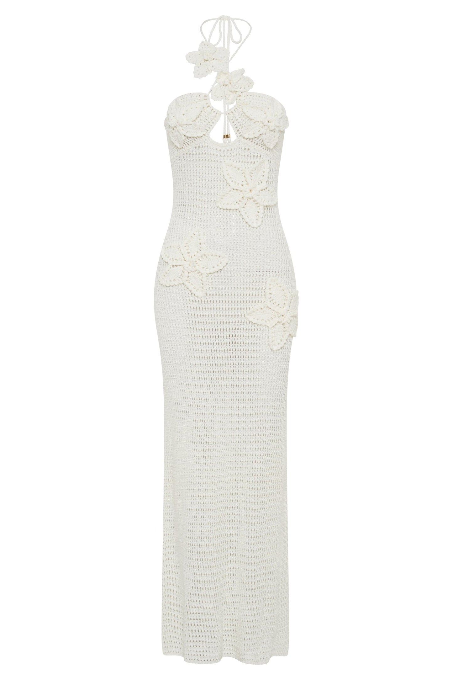 Crochet Floral Appliqué Asymmetric Halter Keyhole Cutout Bodycon Midi Dress
