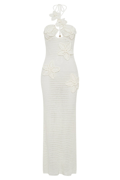 Crochet Floral Appliqué Asymmetric Halter Keyhole Cutout Bodycon Midi Dress
