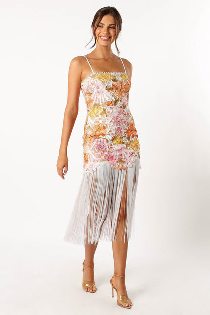 Floral Lace Tassel Sleeveless Midi Dress