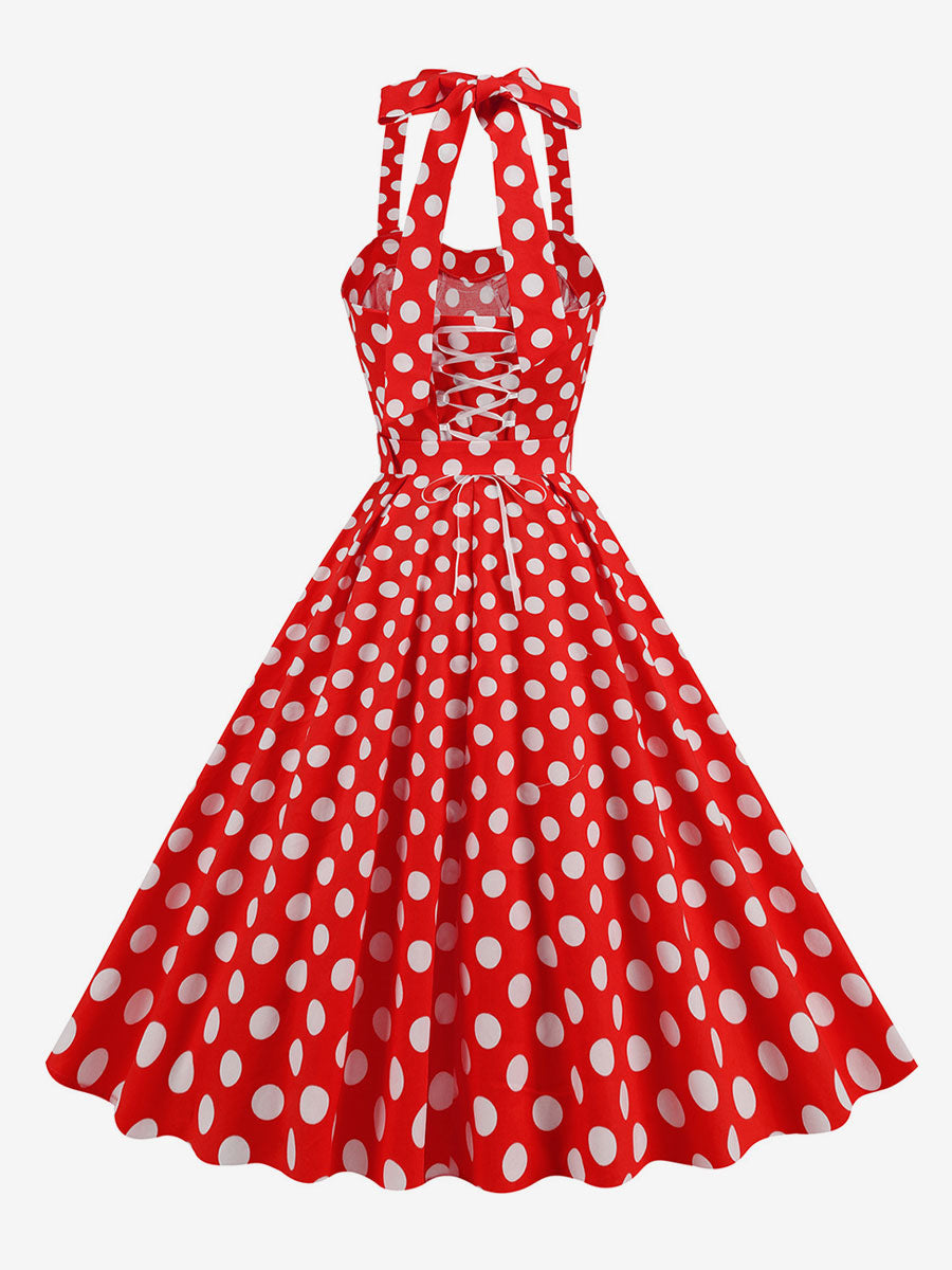 Dress Dot Halter Belted Ring Detail Retro Midi Dress