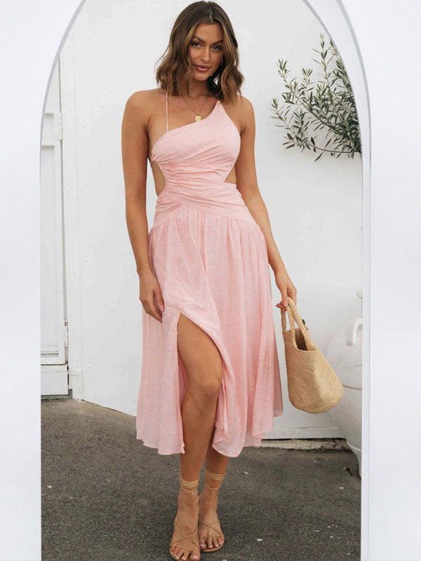 Summer Midi Dress Red Asymmetrical Neck Cut Out Floral Print Beach Dress