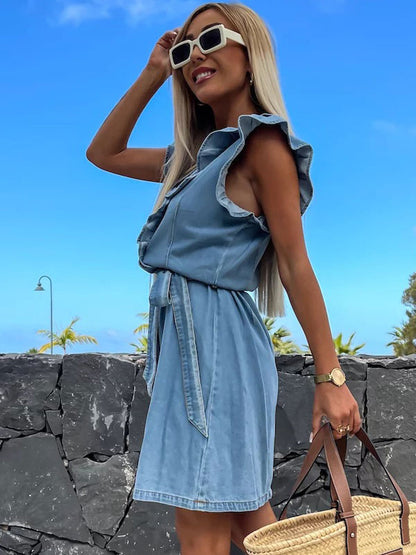 Summer Dress Light Sky Blue V-Neck Ruffles Belted Beach Mini Dress