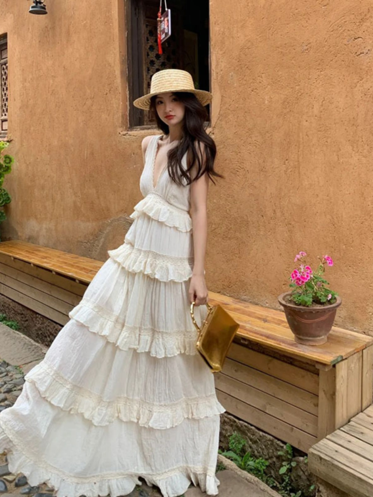 French Soft Ruffle Tiered Maxi Dress – Elegant Cotton Linen Vacation Gown for Summer gunne sax vintage dress