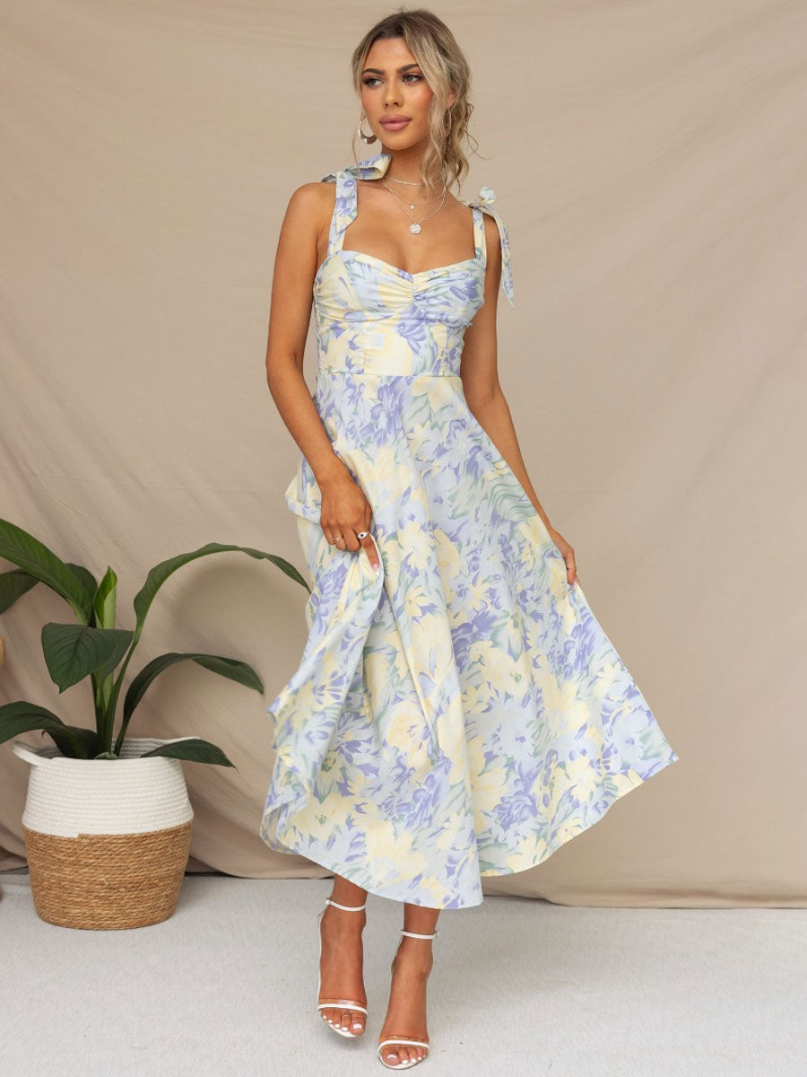 Print Midi Dress Floral Sleeveless Sweetheart Neck Casual Lace Up Backless Summer Dresses