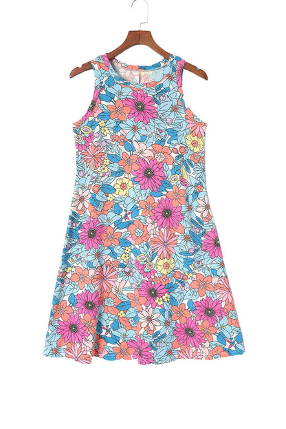 Multicolor Round Neck Sleeveless Floral Mini Dress