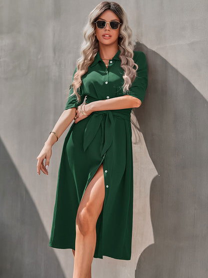 Turndown Collar Long Sleeves Midi Dress