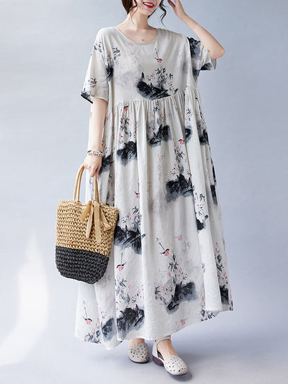 Loose Short Sleeves Pleated Printed Split-Joint Round-Neck Midi Dresses