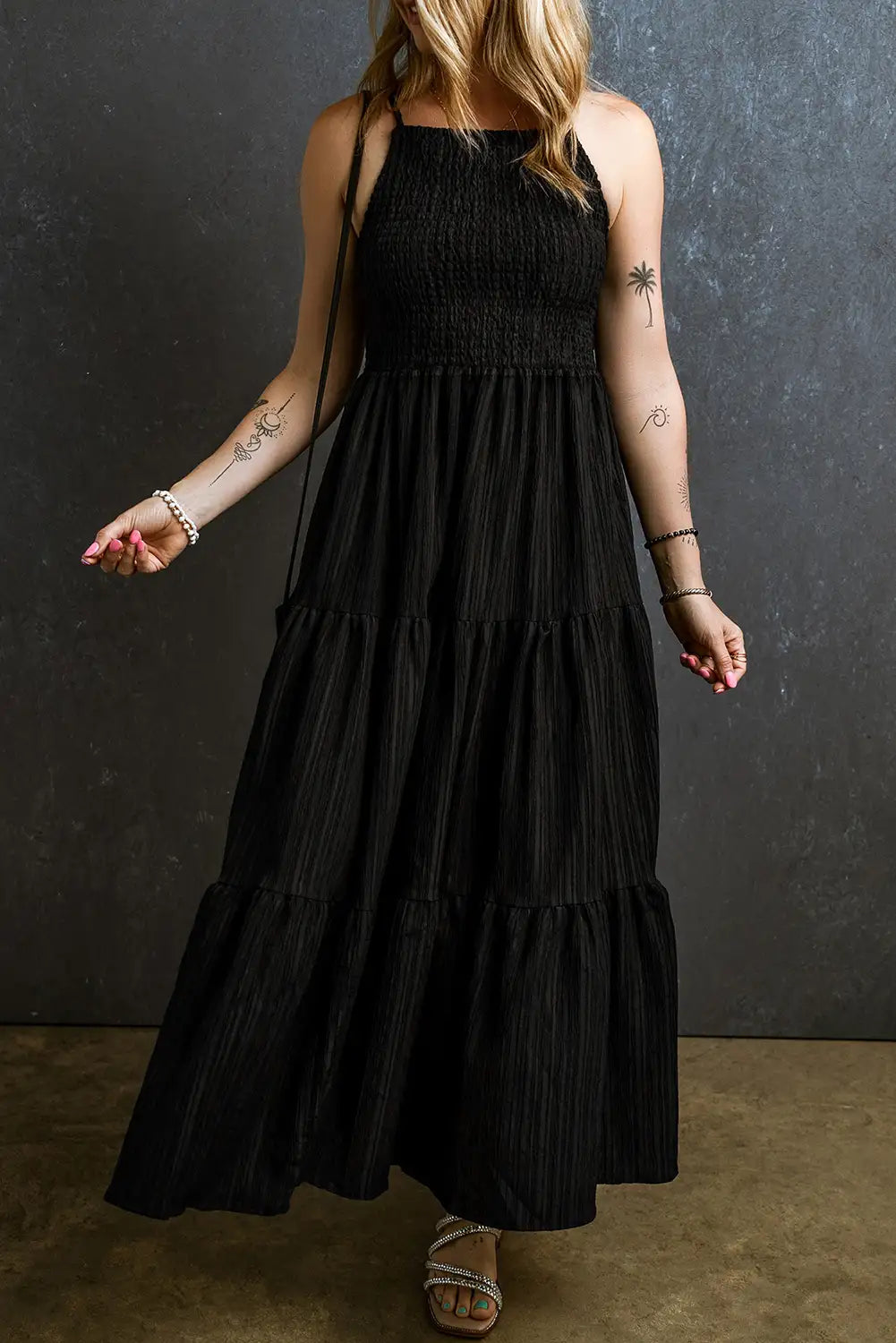 black smocked pleated maxi dress