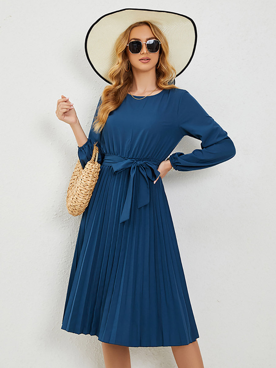 Midi Dresses Jewel Neck Lantern Sleeve Belted Pleated Dress