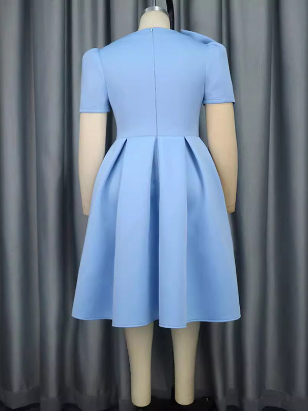 Solid Color Bowknot High-Waisted Tied Waist A-Line Midi Dresses