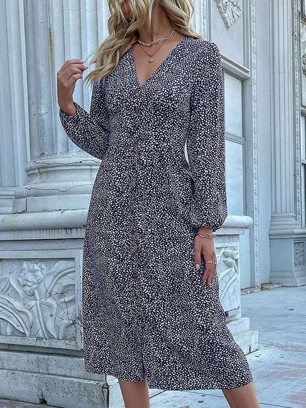 A-Line High Waisted Buttoned Leopard Split-Joint V-Neck Midi Dresses