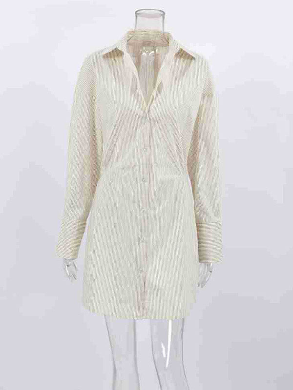 Flared Sleeves Long Sleeves Buttoned Striped Lapel Mini Dresses Shirt Dress