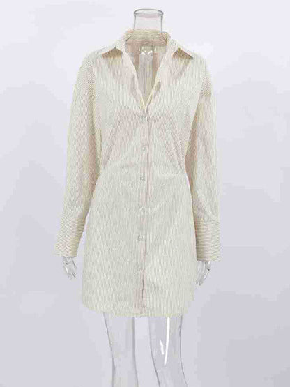 Flared Sleeves Long Sleeves Buttoned Striped Lapel Mini Dresses Shirt Dress