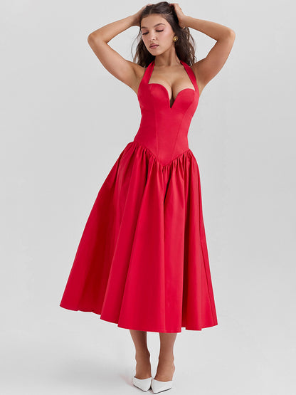Corset Dress Halter Wide Strap Backless Party Midi Dresses In Solid Color