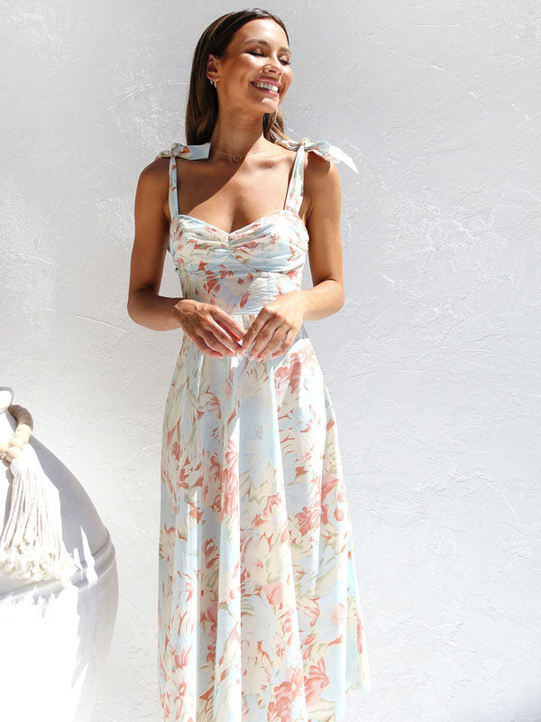Print Midi Dress Floral Sleeveless Sweetheart Neck Casual Lace Up Backless Summer Dresses