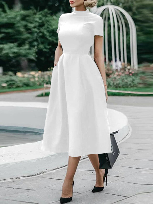 Short Sleeves Solid Color Stand Collar Midi Dresses