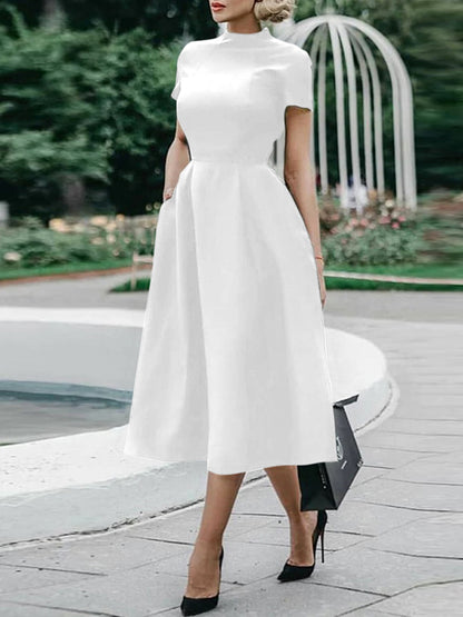 Short Sleeves Solid Color Stand Collar Midi Dresses