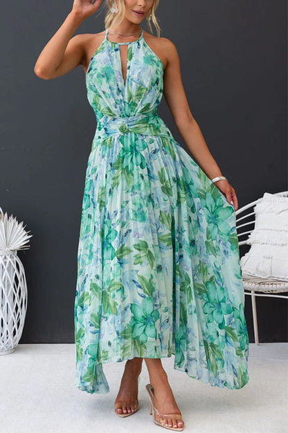 V Neck Waisted Cut Out Floral Pleated Maxi Dress