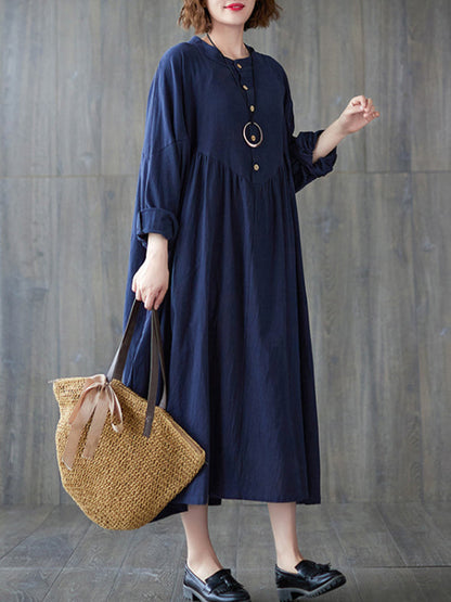 Loose Puff Sleeves Pleated Solid Color Stand Collar Midi Dresses