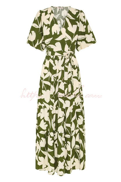 Unique Printed V-neck Puff Sleeves Tie Waist Midi Dress