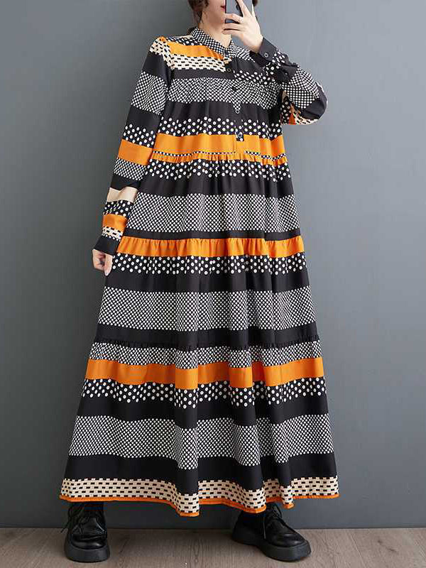 A-Line Long Sleeves Buttoned Polka-Dot Split-Joint Round-Neck Midi Dresses