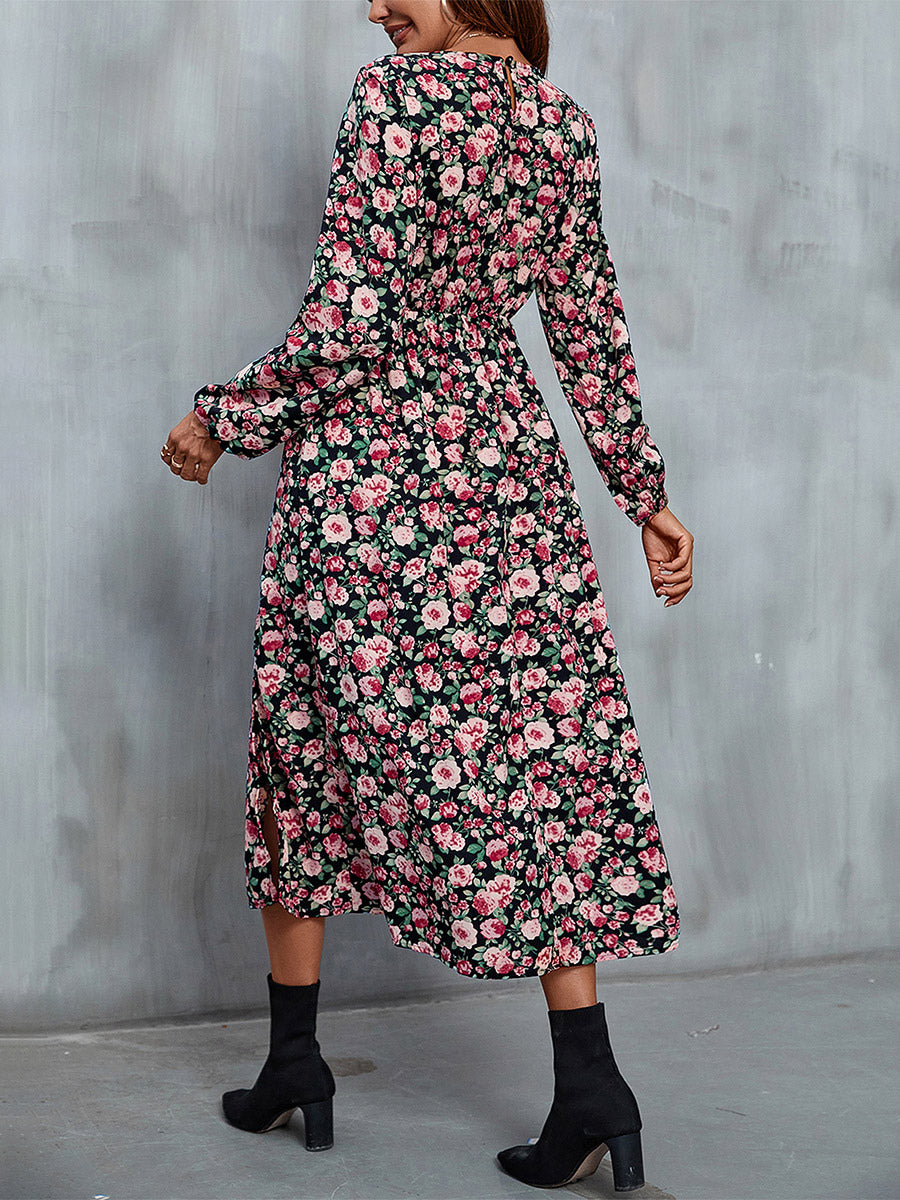 Floral Midi Dress V-Neck Balloon Sleeves High Slit Refined Dresses