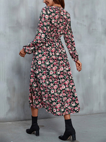 Floral Midi Dress V-Neck Balloon Sleeves High Slit Refined Dresses