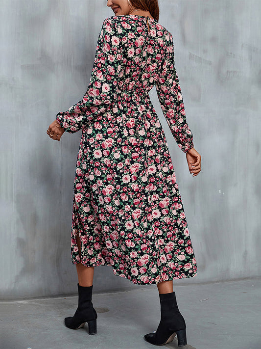 Floral Midi Dress V-Neck Balloon Sleeves High Slit Refined Dresses