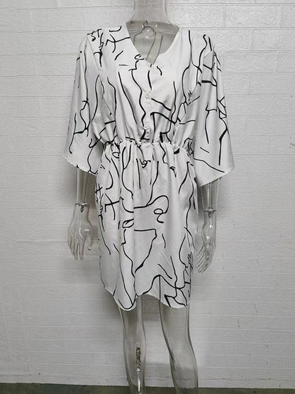 Batwing Sleeves Half Sleeves Buttoned Elasticity Pleated Printed V-Neck Mini Dresses