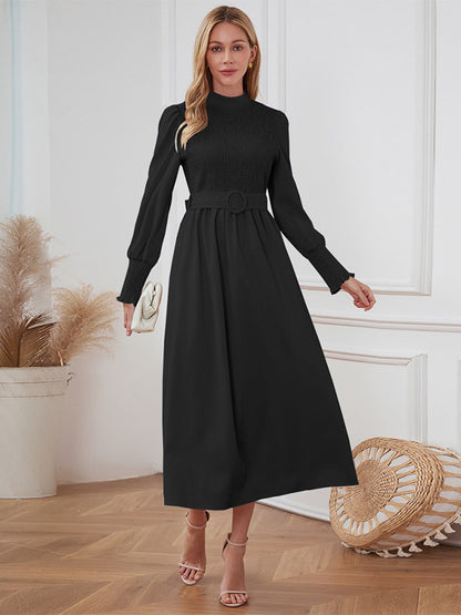 Midi Dress Pleated Polyester Elegant Crewneck Long Sleeves