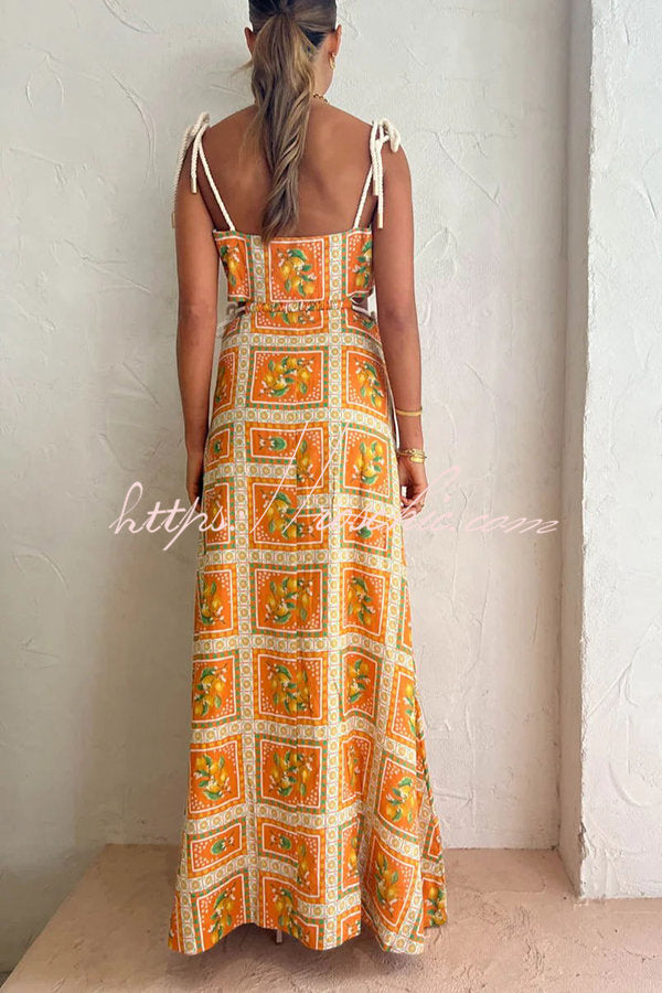 Orange Summer Printed Linen Blend Cutout Tie-up Design Maxi Dress