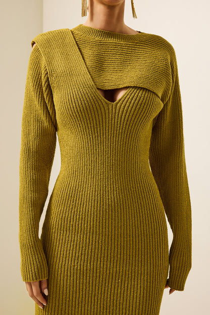 Solid Knit Knotted Long Sleeve Midi Dress