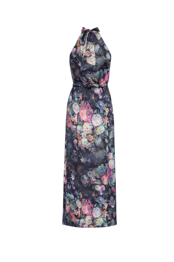 Elegant Vintage Rose Print Tie Halterneck Maxi Dress