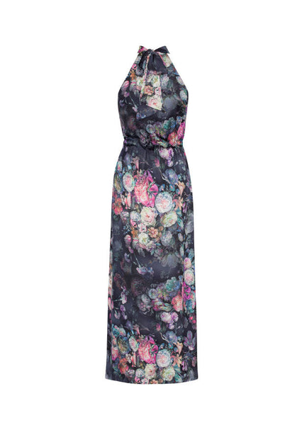 Elegant Vintage Rose Print Tie Halterneck Maxi Dress