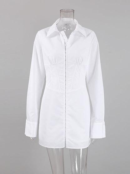 High Waisted Long Sleeves Buckle Solid Color Split-Front Lapel Mini Dresses
