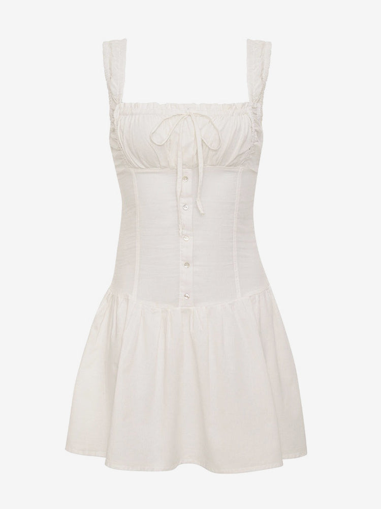 Summer Dress Mini Dresses White Straps Neck Sash Cotton Beach Short Dress