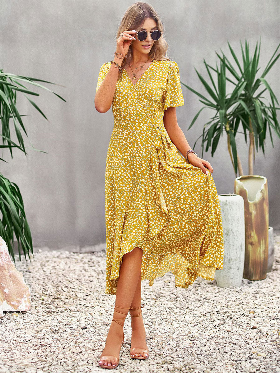 Floral Print Casual V-Neck Short Sleeves Midi Dress