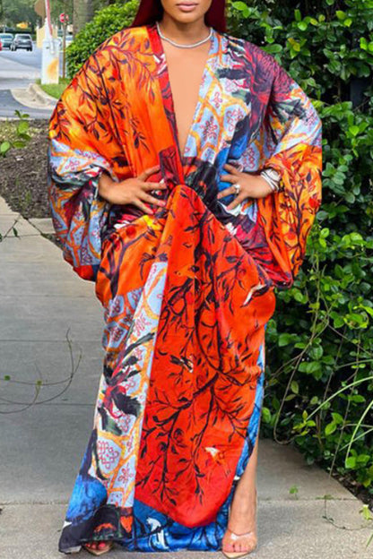 Sexy Plus Size Satin Print V-neck Batwing Sleeve Slit Loose Maxi Dress