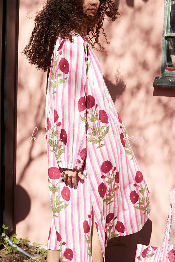 Lara Linen Blend Floral Stripe Print Button Up Belt Pocketed Kaftan Midi Dress