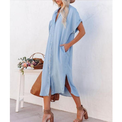 Denim Short Sleeve Maxi Dress in Blue for Stylish Comfort