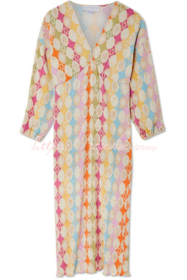 Gorgeous Sunshine Colorful Unique Print Kimono Puff Sleeve Midi Dress