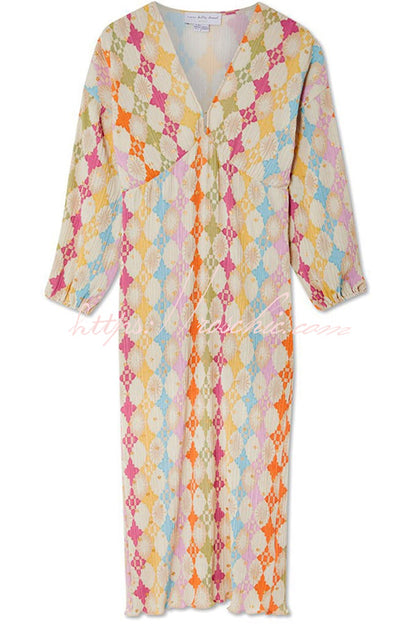 Gorgeous Sunshine Colorful Unique Print Kimono Puff Sleeve Midi Dress