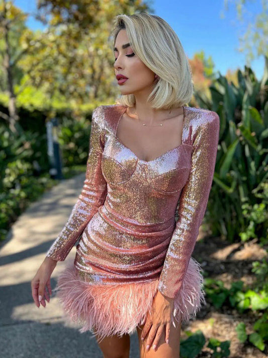 Sexy Feather Mini Dresses Sweetheart Neck Long Sleeves Birthday Party Pencil Dress